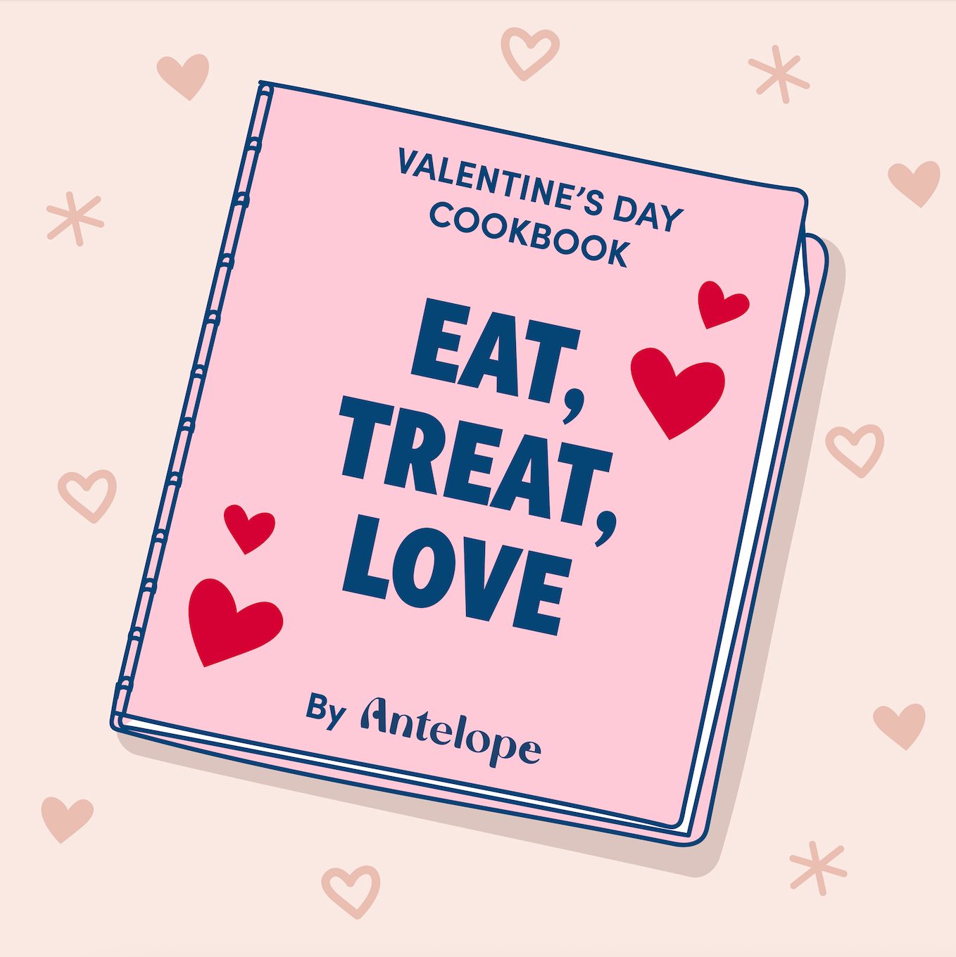 A pink and cream graphic that says Valentine's Day Cookbook EAT, TREAT, LOVE. This is Antelope's official Valentine's Day cookbook for pets. 